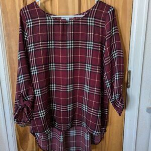 Plaid, burgandy blouse